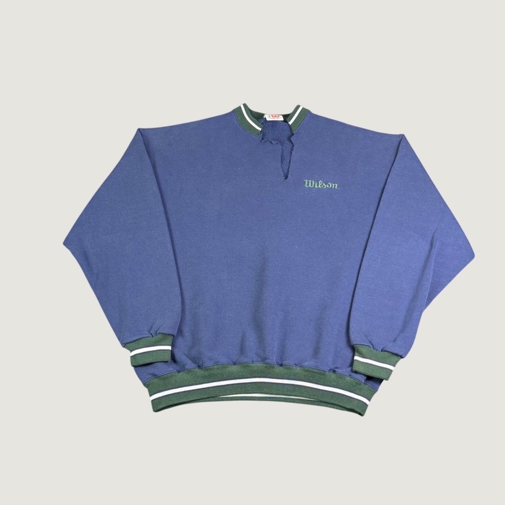 Vintage Wilson Sweatshirt Mens XL Blue Green Striped Distressed Crewneck Logo